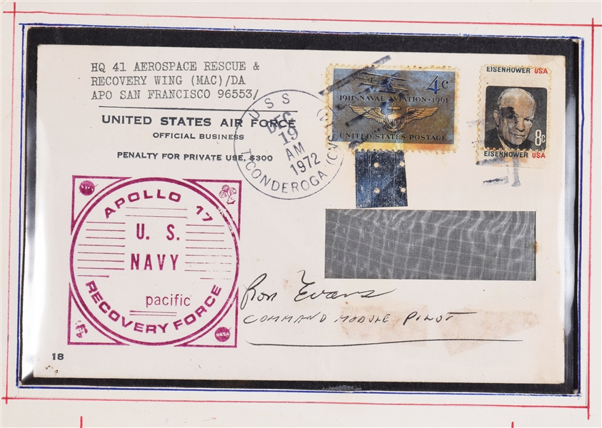 Ron Evans Signed Apollo 17 Rescue Envelope / with original Apollo 17 Reentry Parachute piece