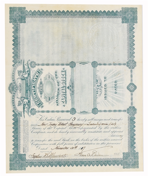 Rare Thomas Edison's Own Stock for  NJ Patent Company Signed Twice