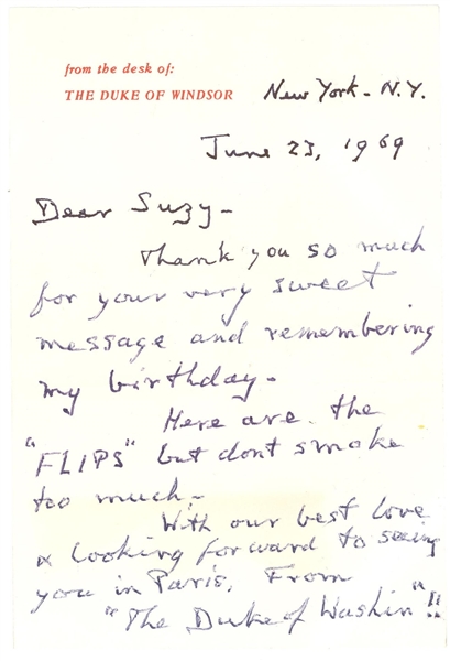 Duke of Windsor to Columinist Suzy Knickerbocker, Writing he is the "Duke of Washin"