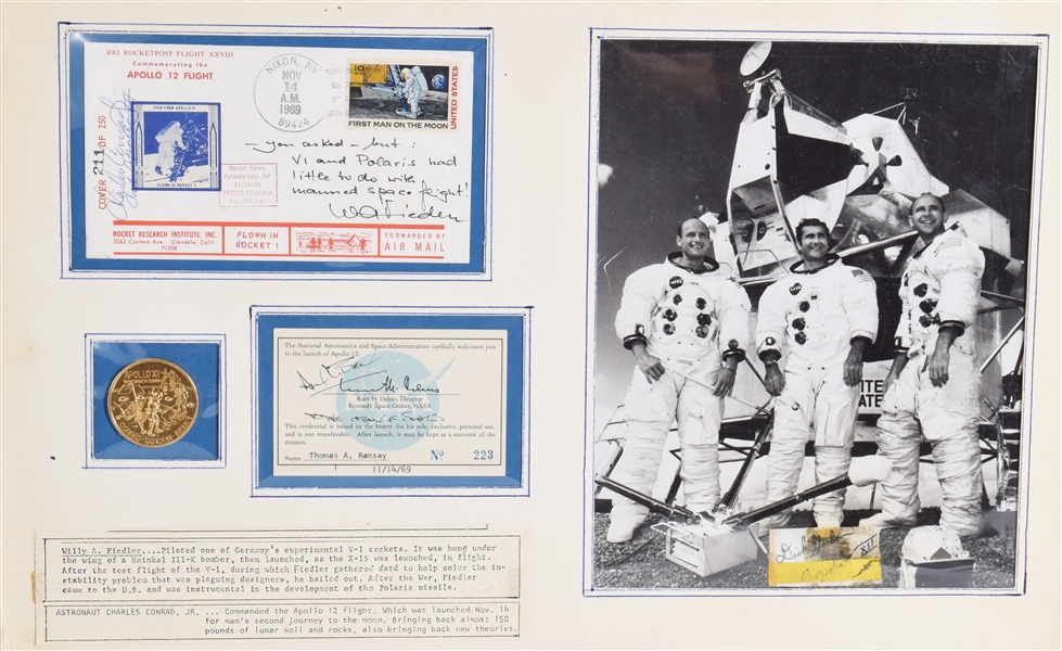 Apollo 12 Collection with piece of Apollo 12 Kapton foil signed by Gordon, Official Launch Card signed by Bean and commemorative envelope signed by Conrad.