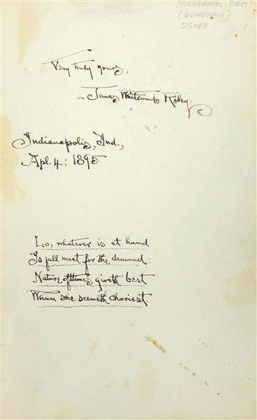 James Whitcomb Riley Handwritten Poem Signed