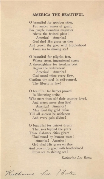 "America The Beautiful"  Signed By Katherine Bates