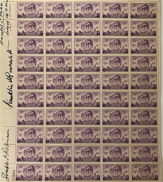 Signed Plate of stamps by  Franklin D. Roosevelt, Harold Ickes and Joseph Taylor Robinson