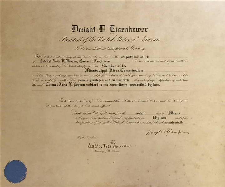 Dwight Eisenhower Signed Mississippi River Commission Appointment
