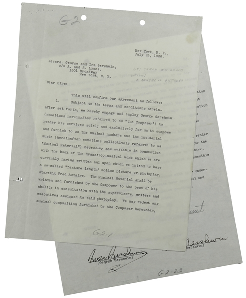 Rare! George & Ira Gershwin signed contract for Shall We Dance