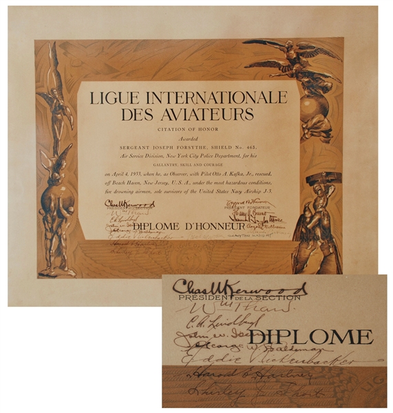 Incredible Certificate for Akron rescue mission; for Heroism Rescue for the Akron search and Air Ship AJ3, ( By Lindbergh, Rickenbacker, Hawks ...)