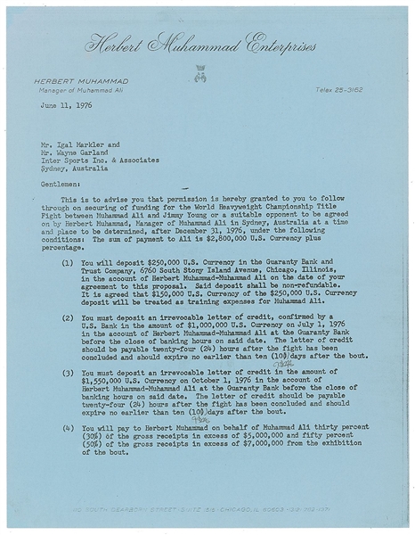  Muhammad Ali Signed Match Agreement