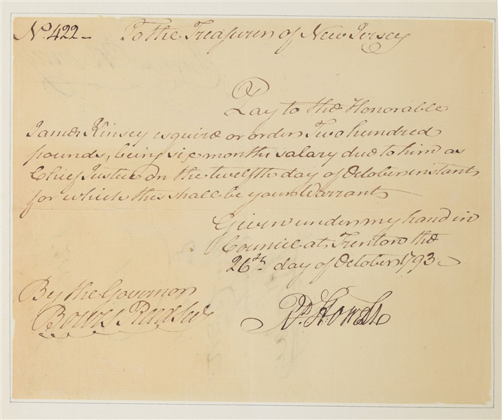 Richard Howell as 3rd Governor of New Jersey, pays James Kinsey his Salary as Chief Justice