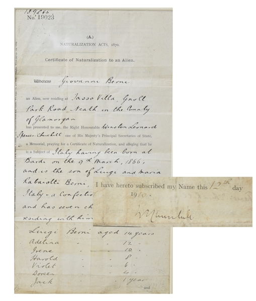 Sir Winston Spencer Churchill Naturalization Signed Document