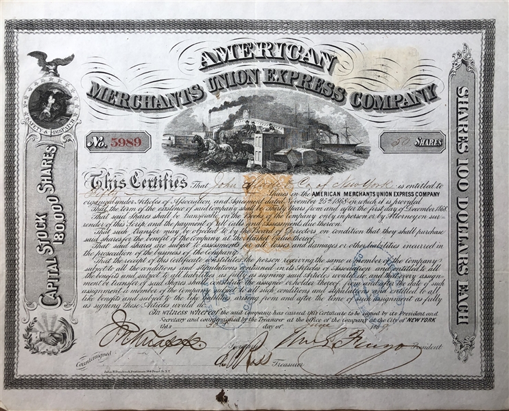 AMERICAN MERCHANTS UNION EXPRESS COMPANY Signed By William Fargo to James Fargo as Trustee.of New York