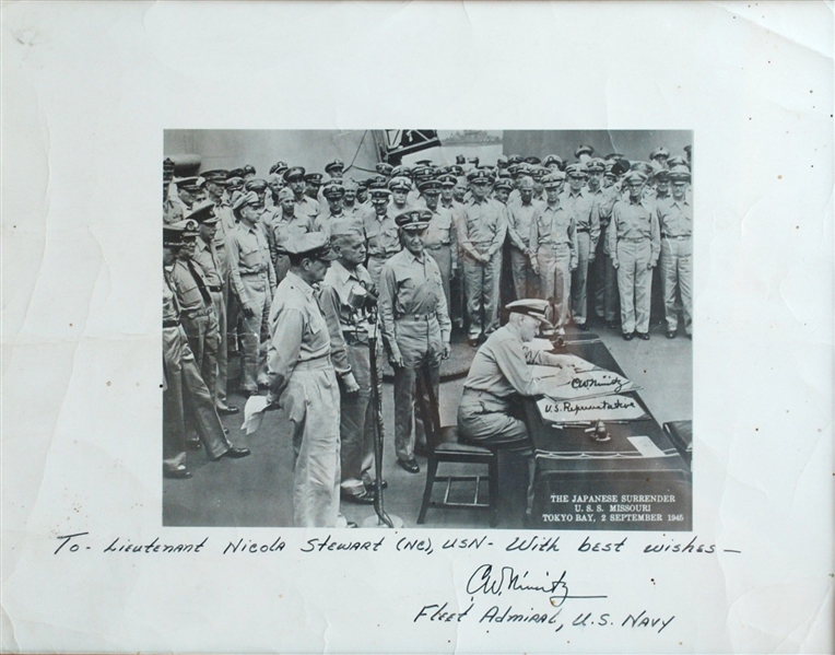 Fleet Admiral Chester W. Nimitz accepting Japans surrender aboard the flagship, U.S.S. Missouri