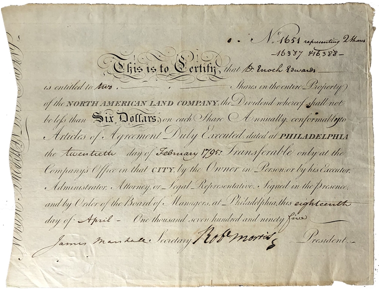 Robert Morris Signed North American Land Company