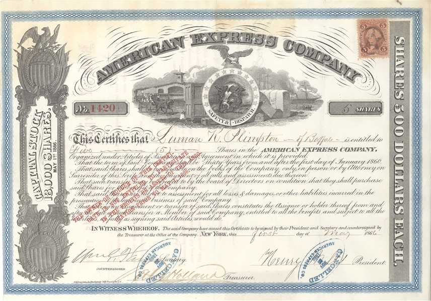 1866 American Express Stock Certificate Signed by Wells and Fargo  --- American Merchants Union Express Company Stock