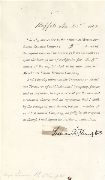 1866 American Express Stock Certificate Signed by Wells and Fargo  --- American Merchants Union Express Company Stock