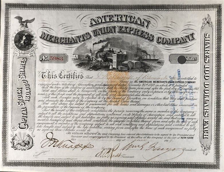 1866 American Express Stock Certificate Signed by Wells and Fargo  --- American Merchants Union Express Company Stock
