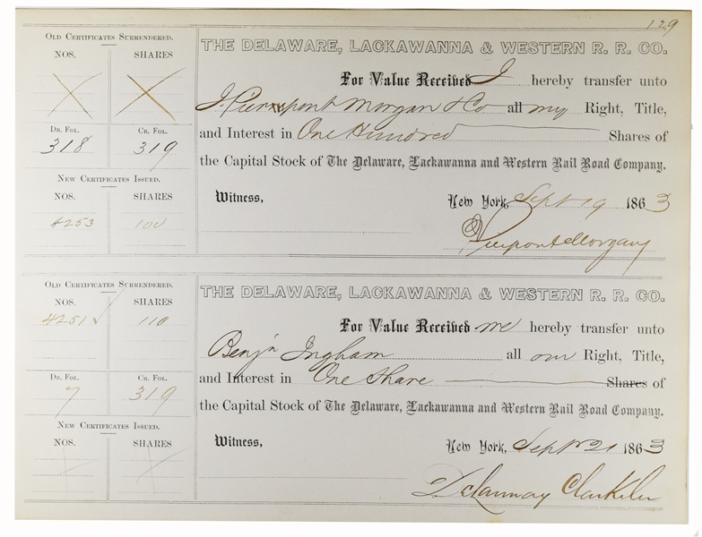 Delaware, Lackawanna & Western R.R. Company Issued to and Signed by J. P Morgan