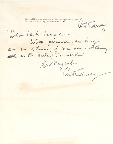Art Carney Release for cartoon strip Mickey Finn and SP