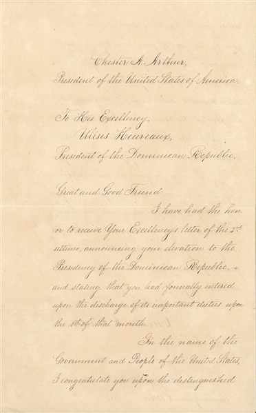 Chester A. Arthur Letter Of State