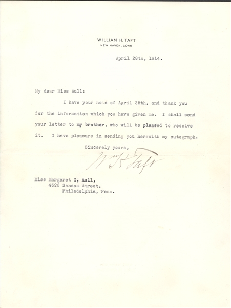 William Taft TLS and signed card