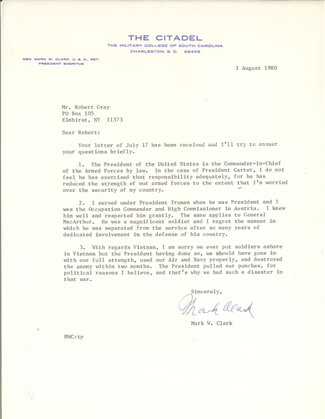 Important TLS Mark Clark; "Should have used more force in Viet Nam" "Truman A great president""