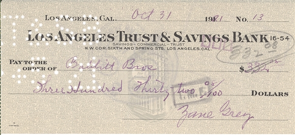 Zane Grey Signed Check