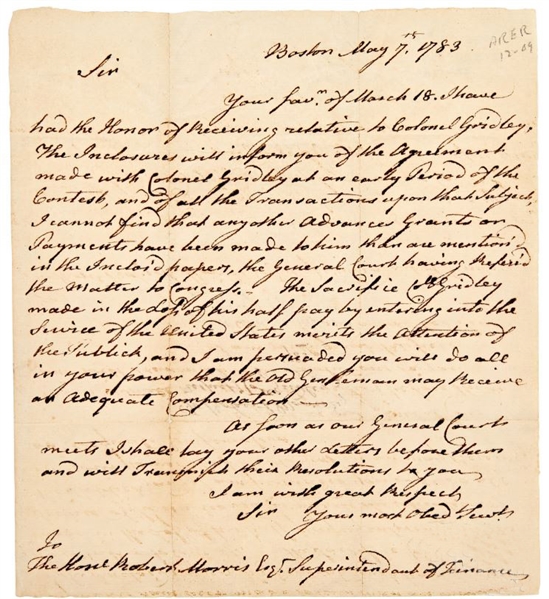 Important John Hancock Autograph Letter to Robert Morris