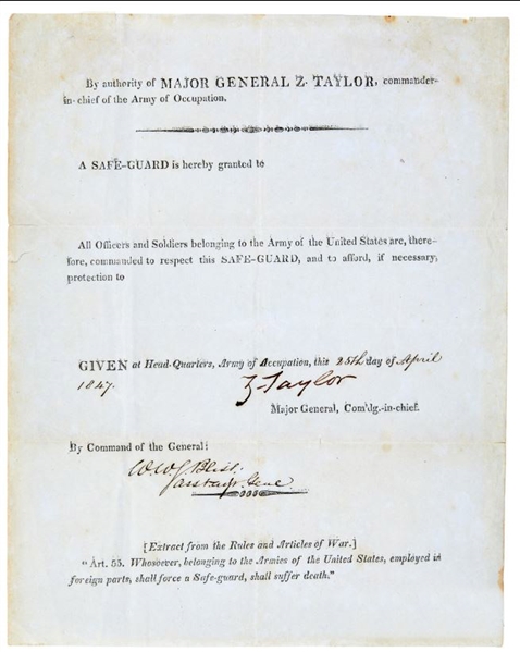 Zachary Taylor  signed Mexican War Army Safe Guard