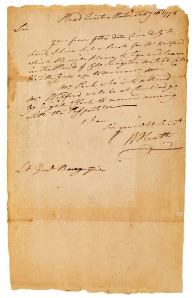 William Heath ALS 1778 to Lt. General Burgoyne about British Officers captured in New York,