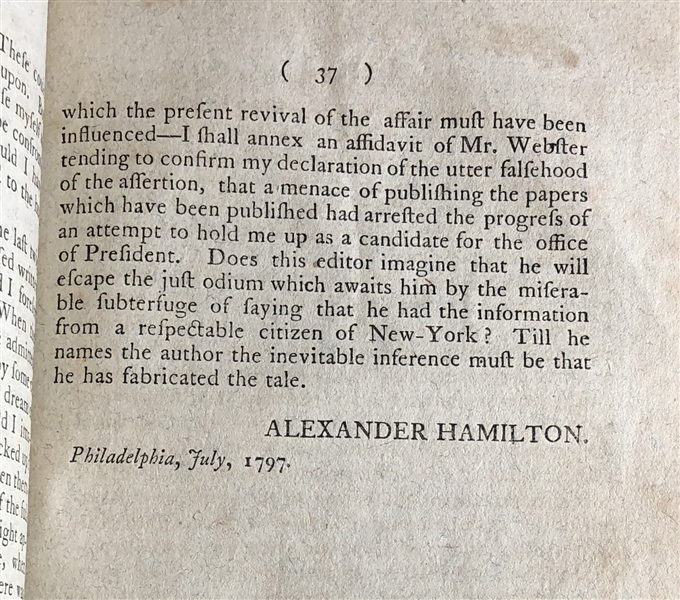 (ALEXANDER HAMILTON) INCREDIBLE RARE BOOK CHARGE OF SPECULATION AGAINST ALEXANDER HAMILTON, LATE SECRETARY OF THE TREASURY, IS FULLY REFUTED