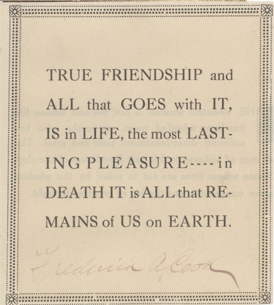 Frederick A. Cook ALS And Signed Quotation(Explorer North Pole)