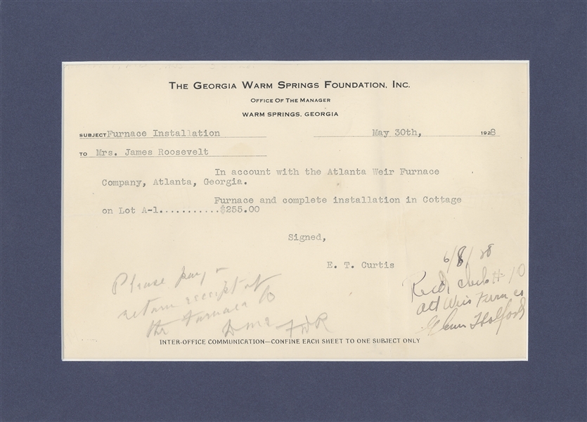 Franklin Roosevelt buys furnace for his Resort in Warm Springs, Georgia.
