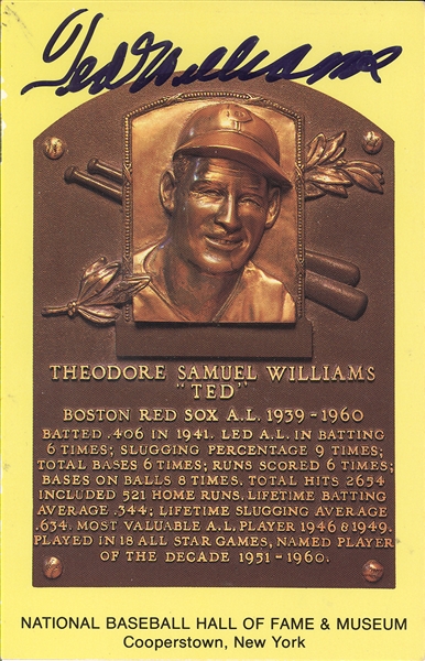 Ted Williams Signed HOF Plaque PostCard
