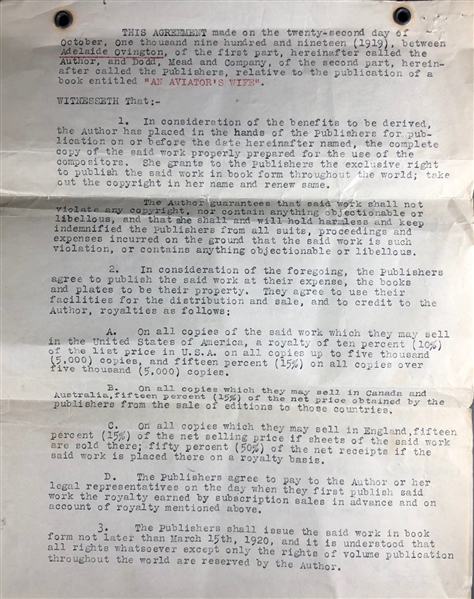 Earle Ovington Book Agreement " An Aviators Wife"