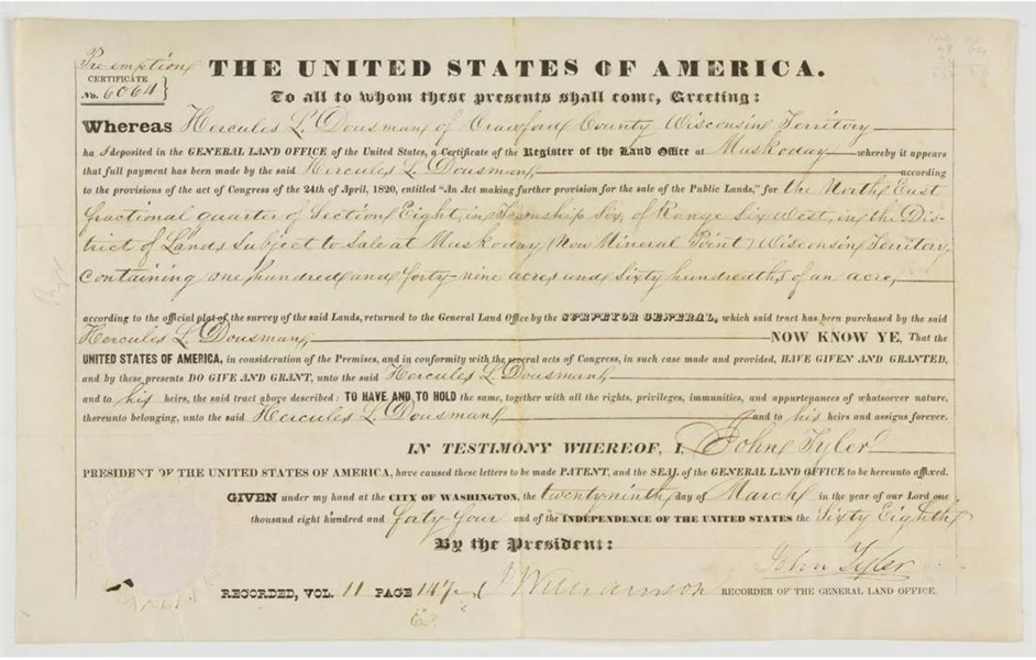 Rare! JOHN TYLER SIGNED LAND GRANT to  "Wisconsins first millionaire"