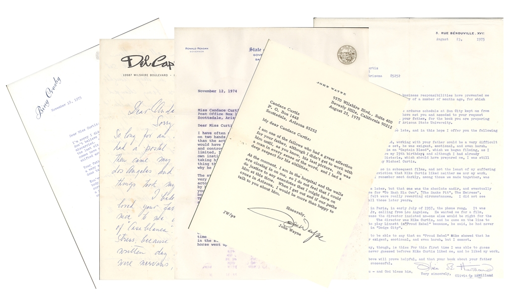 (Michael Curtiz) Amazing archives of 22 letters Written by John Wayne, Ronald Reagan, Ingrid Bergman. Olivia De Havilland, Bing Crosby