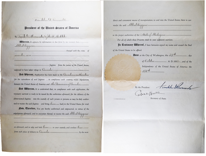  A rare Franklin D. Roosevelt Extradition as President,