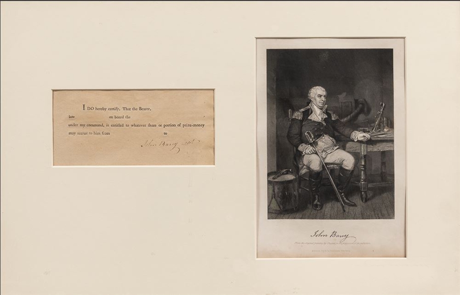 John Barry printed prize-money certificate signed as Captain