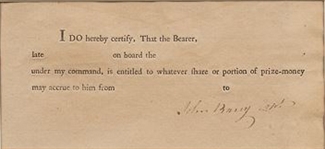 John Barry printed prize-money certificate signed as Captain