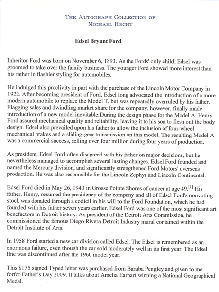 Edsel Ford Thanks Ellis Gimball for Replica of an Amelia Earhart medal