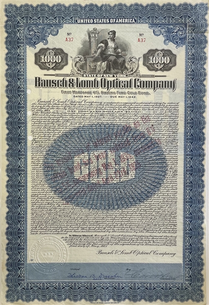 Bausch and Lomb Optical Co $1,000 Uncanceled Gold Bond signed by Carl Lomb