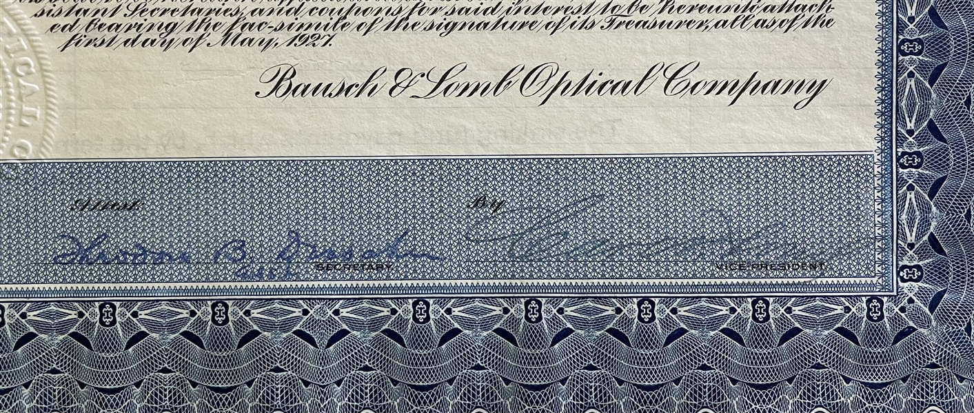 Bausch and Lomb Optical Co $1,000 Uncanceled Gold Bond signed by Carl Lomb