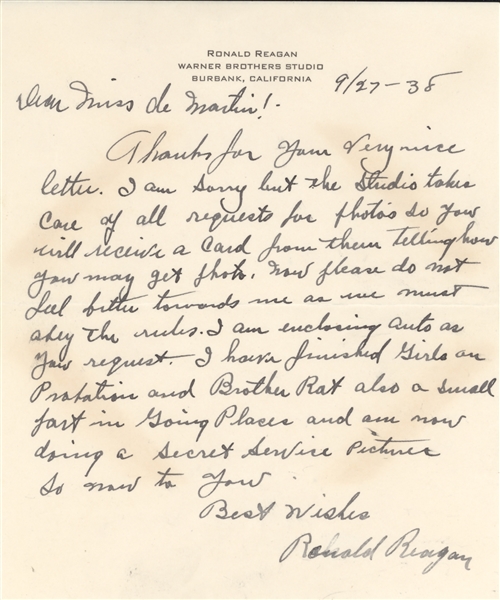 Rare 1938 Ronald Reagan Letter