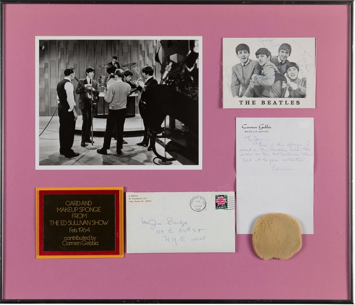 The Beatles Signed Photo Card and the Make-Up Sponge Used During The historic February 1964 Ed Sullivan Performance