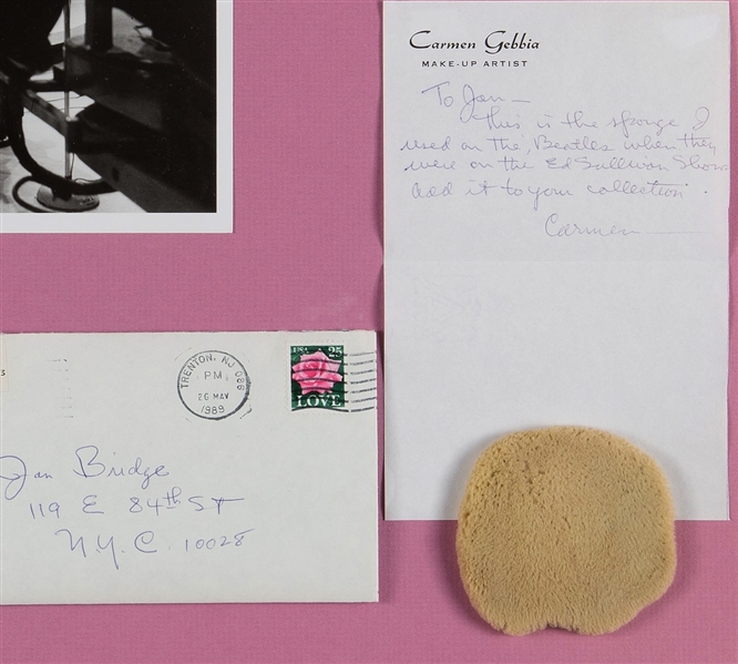 The Beatles Signed Photo Card and the Make-Up Sponge Used During The historic February 1964 Ed Sullivan Performance