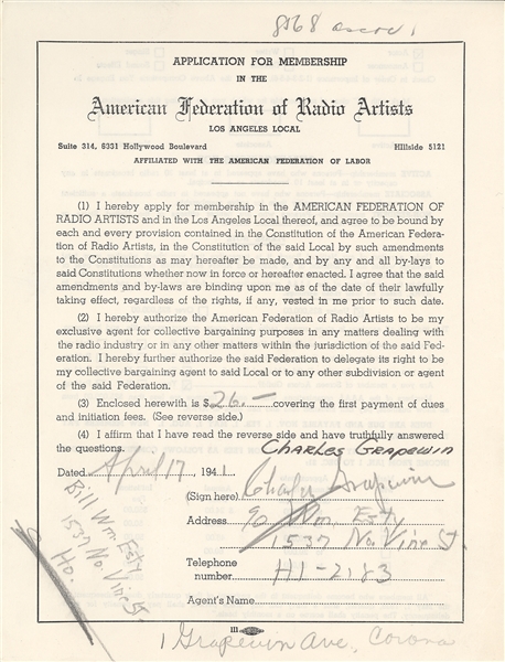 Charley Grapewin Signed Document (Wizard of Oz)