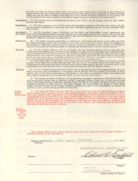 1943 Gene Moore Washington Senators Player's Contract Signed by Clark Griffith.