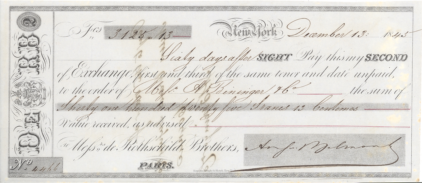 August Belmont Signed Bank Draft, 1845.