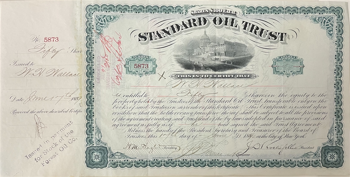 John D. Rockefeller and Henry Flagler Signed Standard Oil Trust Stock