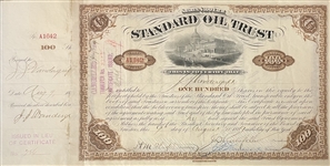 John D. Rockefeller, Henry Flagler, and JJ Vandergrift Signed Standard Oil Trust Stock