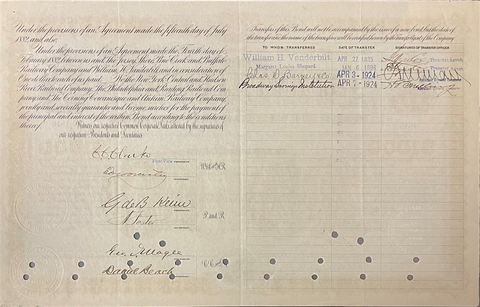 Pine Creek Railway Co. signed by William K. Vanderbilt and Chauncey M. Depew, transferred to William H. Vanderbilt